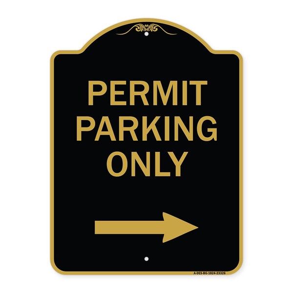 Permit Parking With Right Arrow, Black & Gold Aluminum Architectural Sign, 18" x 24", BG-1824-23326